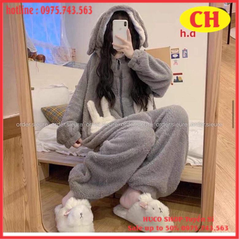 bộ lông liền thân TAI THỎ CUTE - Bộ đồ ngủ mùa đông mặc nhà siêu ấm form rộng nam nữ unisex freesize giá rẻ ulzzang