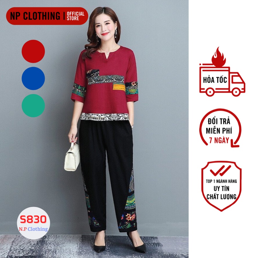 Bộ Đồ Trung Niên Nữ S830, Mẫu Đồ Bộ Trung Niên Cho Mẹ Mặc Nhà Cổ Tròn Họa Tiết Thổ Cẩm Chất Đũi Mềm Mịn Mát Sang Trọng