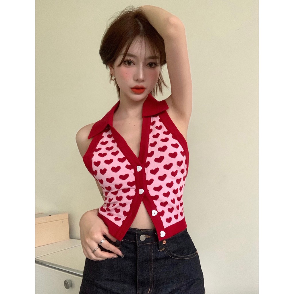 Áo lửng XIAOZHAINV hai dây họa tiết trái tim quyến rũ thời trang dành cho nữ