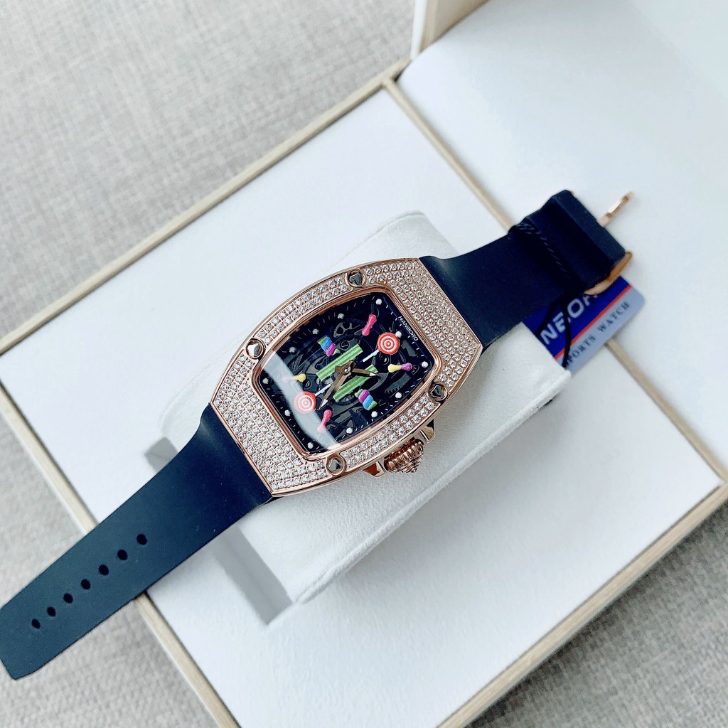 Đồng Hồ Huboler Hanboro Nữ Dây Da Silicon Đen Mặt Sắc Màu Rose Gold Authentic 31x42mm