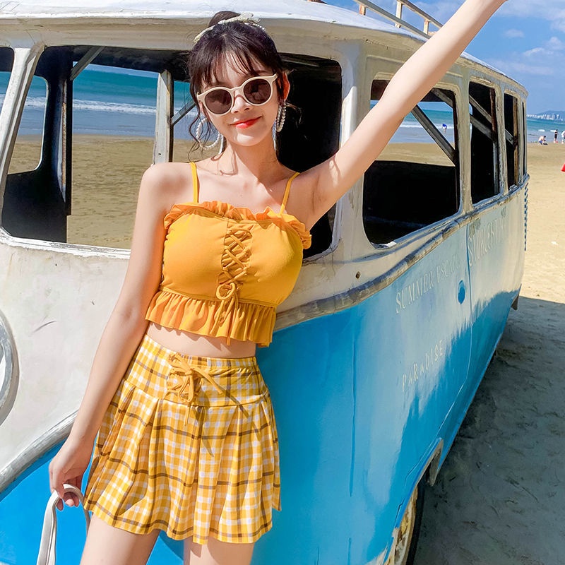 Bộ Đồ Bơi Lưng Cao Họa Tiết Sọc Caro Dễ Thương Cho Nữ