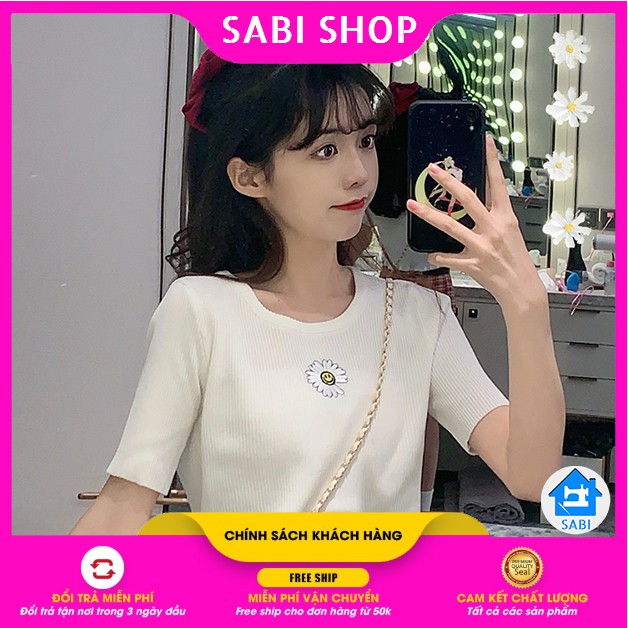 [GIÁ SỈ] Áo croptop cổ tròn thêu hoa chất cotton dày dặn co giãn 4 chiều SABI SHOP FREE SIZE DƯỚI 60KG