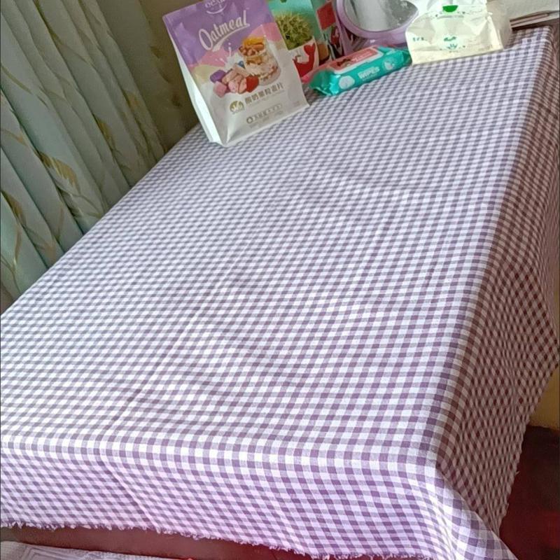 Khăn Trải Bàn Chất Liệu Cotton Và Gai Dầu Họa Tiết Sọc Caro Màu Tím Phong Cách Nhật Bản