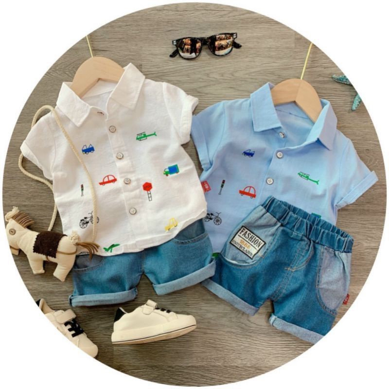 Bộ cộc tay quần bò cho bé trai♥️Hình oto♥️ FREE SHIP