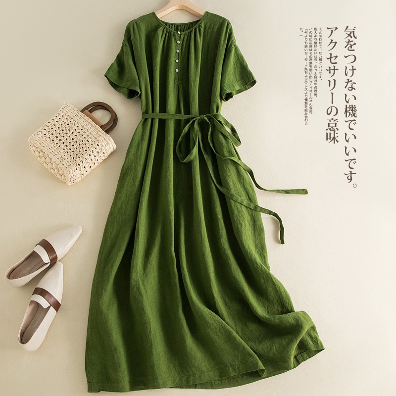 Giảm Giá Thương Hiệu Ice Cửa Hàng Mall Đầm Cotton Lanh Ngắn Tay Dáng Rộng Không Viền Cá Tính Khí Chất Cho Nữ