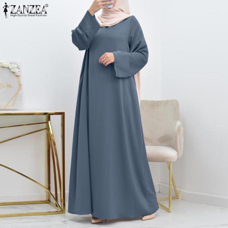 Zanzea Đầm Maxi Tay Dài Cổ Tròn Màu Trơn Phong Cách Đường Phố Cho Phụ Nữ Hồi Giáo