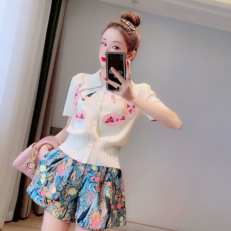 Jiashucheng Áo Dệt Kim Ngắn Tay Cổ Búp Bê Thêu Họa Tiết Hoạt Hình Xinh Xắn Dành Cho Nữ