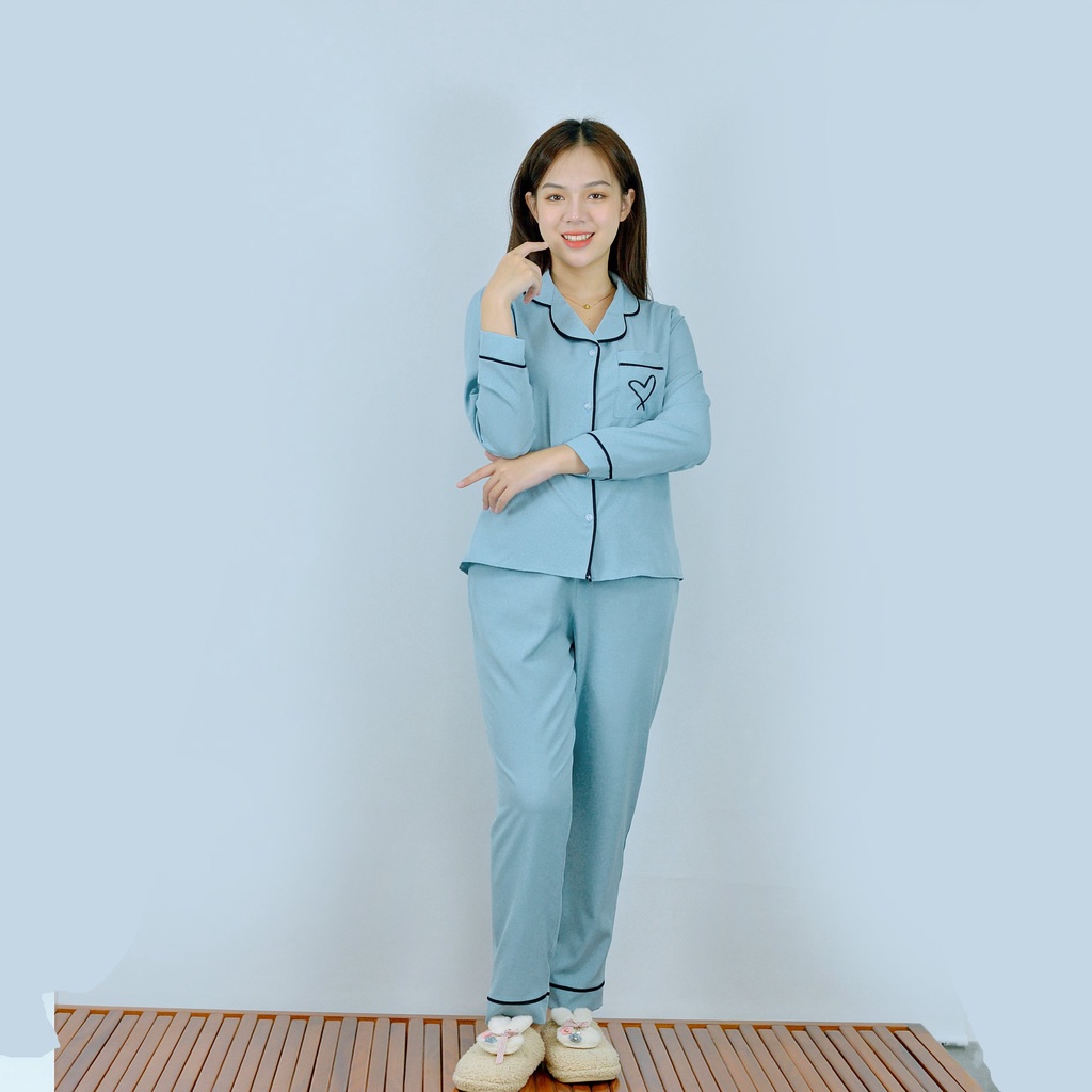 Bộ PIJIMA Nữ màu XANH XÁM Chất Lụa Cao Cấp - Quần dài tay dài điểm nhấn in trái tim túi  - Nhẹ nhàng - Sang trọng