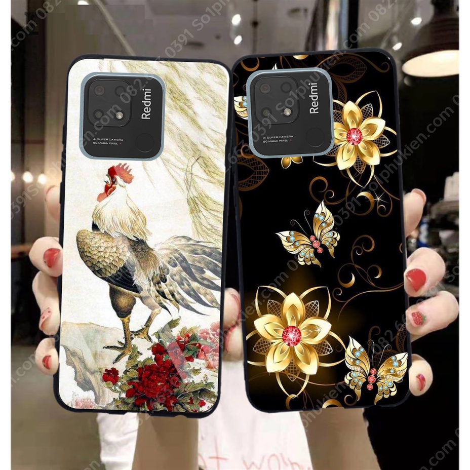 Ốp lưng Xiaomi redmi 10C ép kính nano chống bể hình thư pháp, hoa sen, thiết kế đẹp
