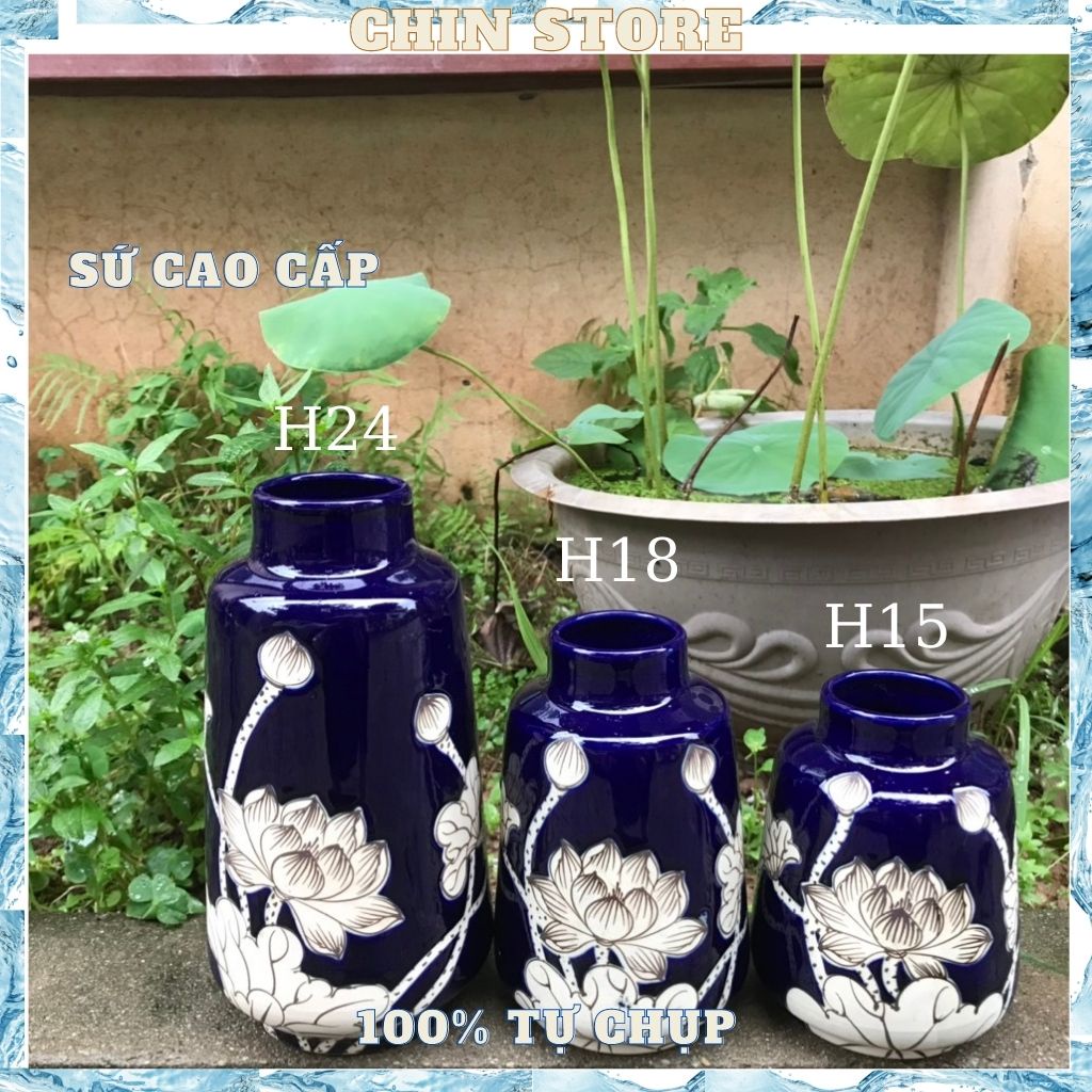 Bình hoa decor, lọ hoa gốm sứ BÁT TRÀNG set bộ 3 vai vuông men cao cấp họa tiết vẽ tay nhiều mẫu H24,H18,H15