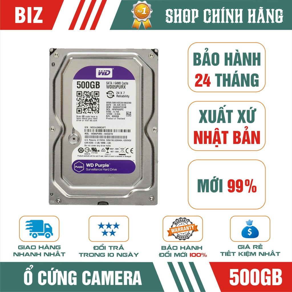 Ổ cứng Camera HDD 500GB WD Purple - Bảo hành chính hãng 24 tháng 1 đổi 1