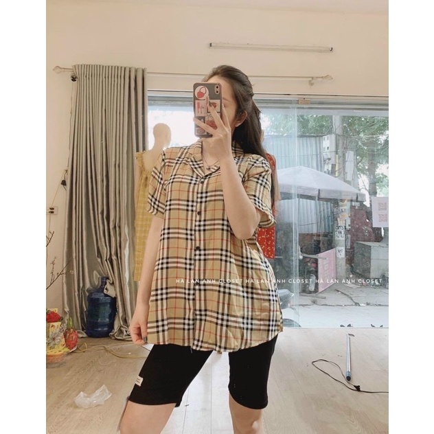 Áo sơ mi kẻ có túi ngực form rộng cộc tay ngắn