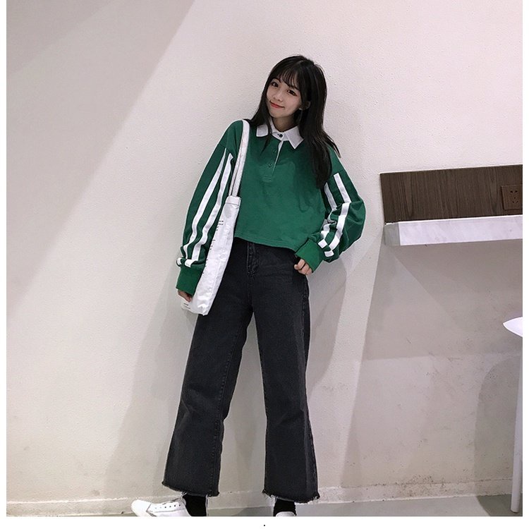 Áo polo Tay Dài Dáng Rộng Ngắn Họa Tiết Kẻ Sọc Thời Trang Hàn Quốc 2022 Mới