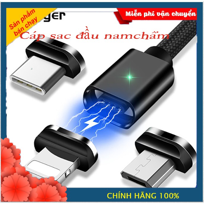 [COMBO 1 DÂY+2 ĐẦU SẠC] Cáp sạc từ hút nam châm 2 đầu Android và iPhone 360 độ dây dù,có LED cao cấp