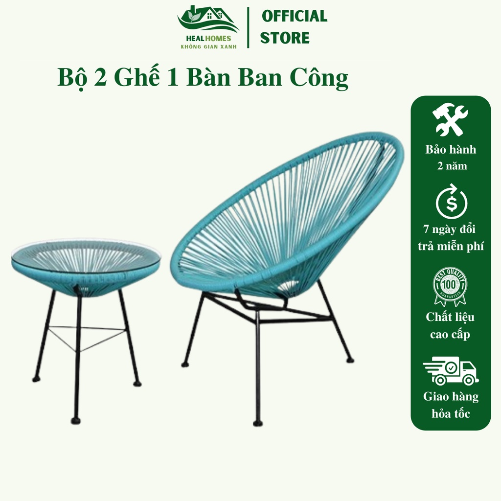 Bộ bàn ghế ban công gồm 1 bàn và 2 ghế mây đan, bộ bàn ghế thư giãn trang trí phòng khách sân vườn cà phê / Healhomes