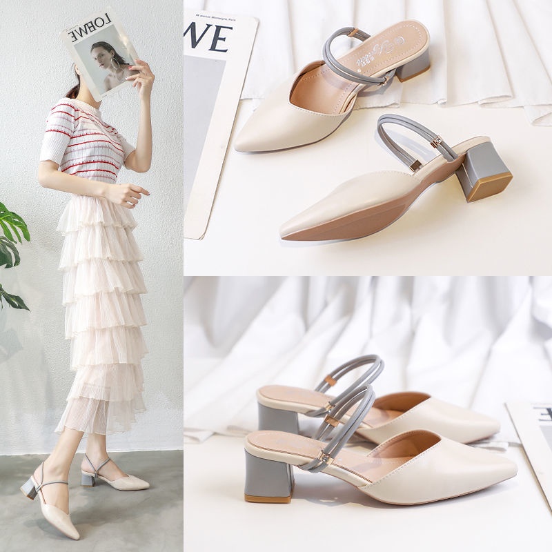 Giày sandal cao gót IELGY hở một nửa mũi nhọn gót dày hai cách mang đa năng phong cách Hàn Quốc dành cho nữ