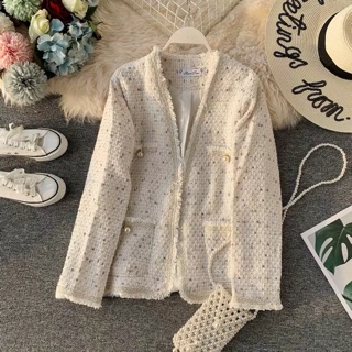 Sẵn ghi XL size khác áo khoác dạ tweed hai màu ghi-trắng