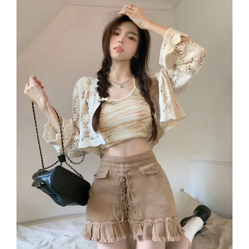 QKOOLE  Áo Khoác cardigan + Áo Sát Nách Nhuộm Màu Thời Trang Hàn Quốc Cho Nữ