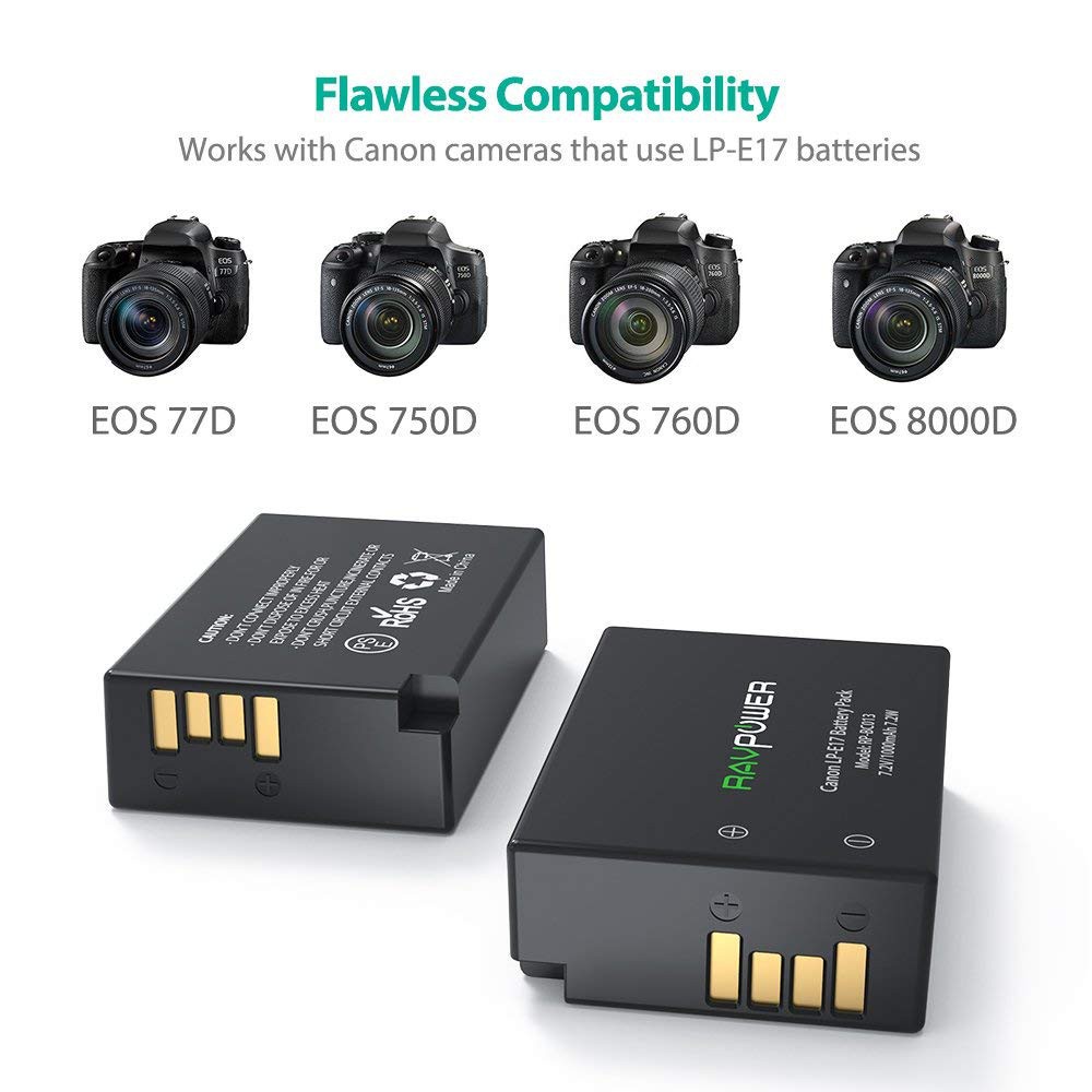 Bộ 2 pin RavPower LP-E17 và sạc đôi LP-E17 cho Canon 77D, 750D, 760D, 800D, M6 EOS RP - Hàng chính hãng
