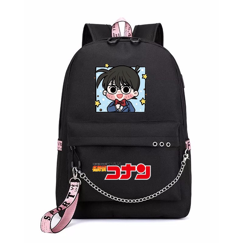 Balo thông minh đen hồng in hình  CONAN, KAITO KID Thám tử lừng danh chibi anime cặp sách đi học