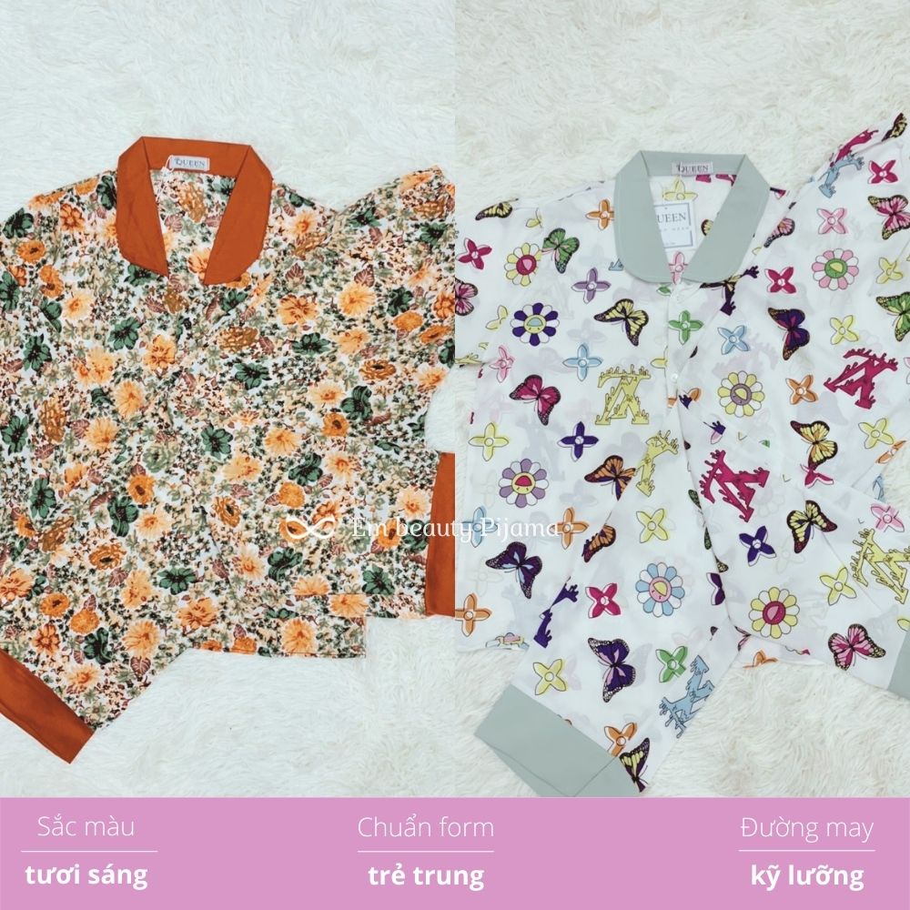 Bộ đồ ngủ lụa mặc nhà nữ pyjama lụa mango cổ sen họa tiết cao cấp freesize 45-65kg phù hợp cả mẹ sau sinh