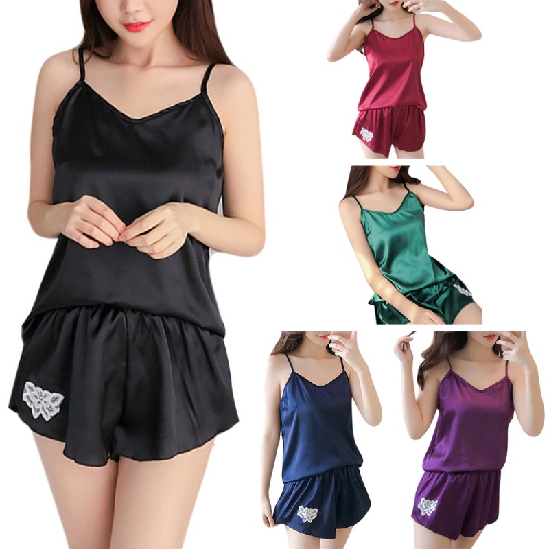 Bộ Pijama Sát Nách Giả Lụa Thêu Hoa Gợi Cảm Cho Nữ