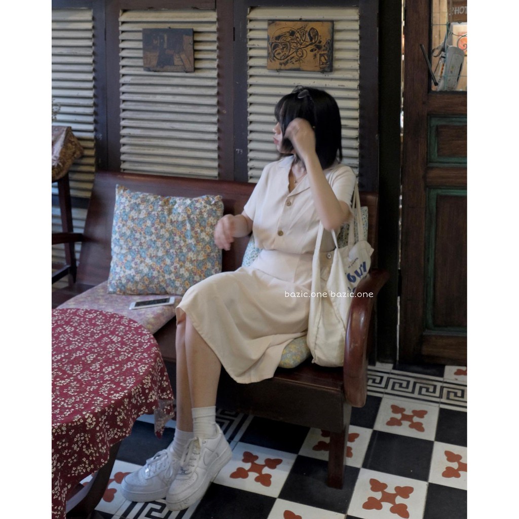 Set Áo Cổ Vest Mix Chân Váy Dài Midi Nude - Bộ đồ nữ thời trang mix sẵn Áo cổ vest + chân váy chữ A dài vintage Nâu Be