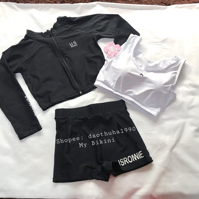 (Có sẵn) Đồ Bơi Bikini đi biển dài tay quần đùi màu Đen 3 chi tiết áo khoác USRONIE | BigBuy360 - bigbuy360.vn