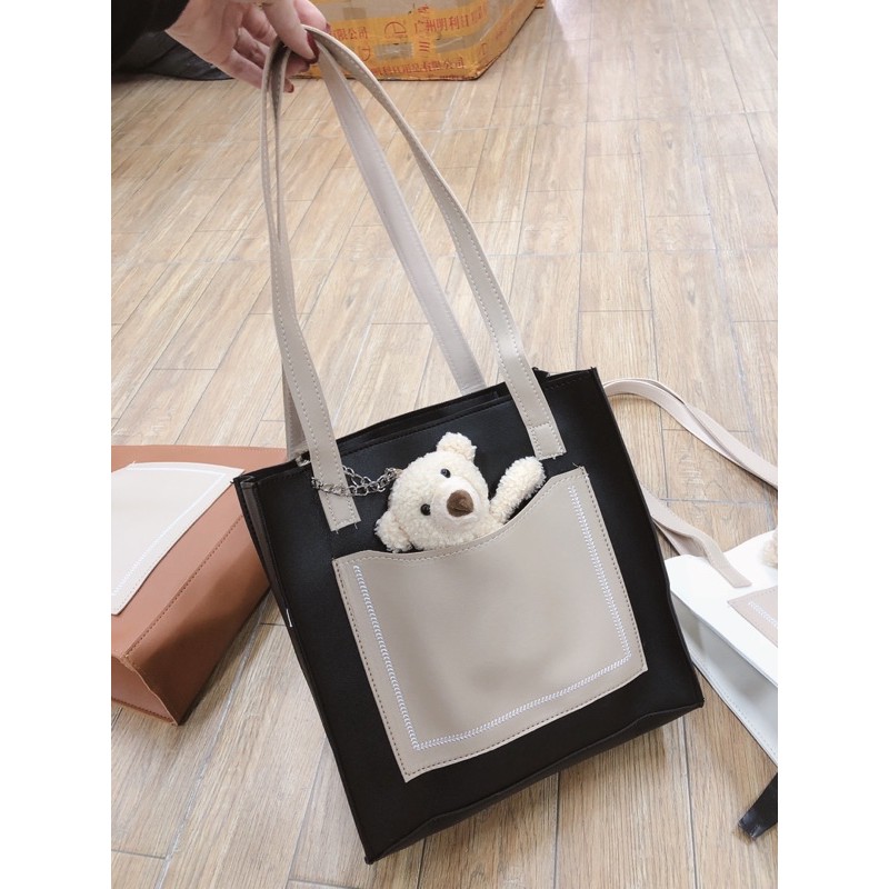 túi da kèm gấu , túi tote da dày dặn chắc chắn