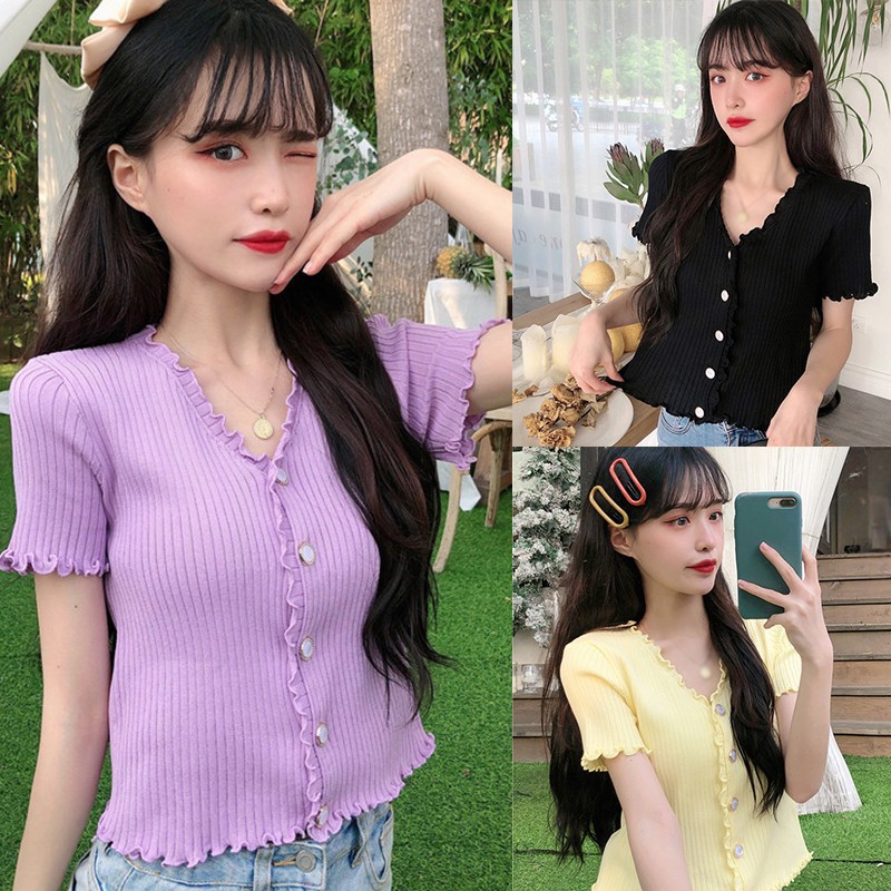 Áo Dệt Kim Ngắn Tay Cổ Chữ V Phối Nút Xinh Xắn Dành Cho Nữ