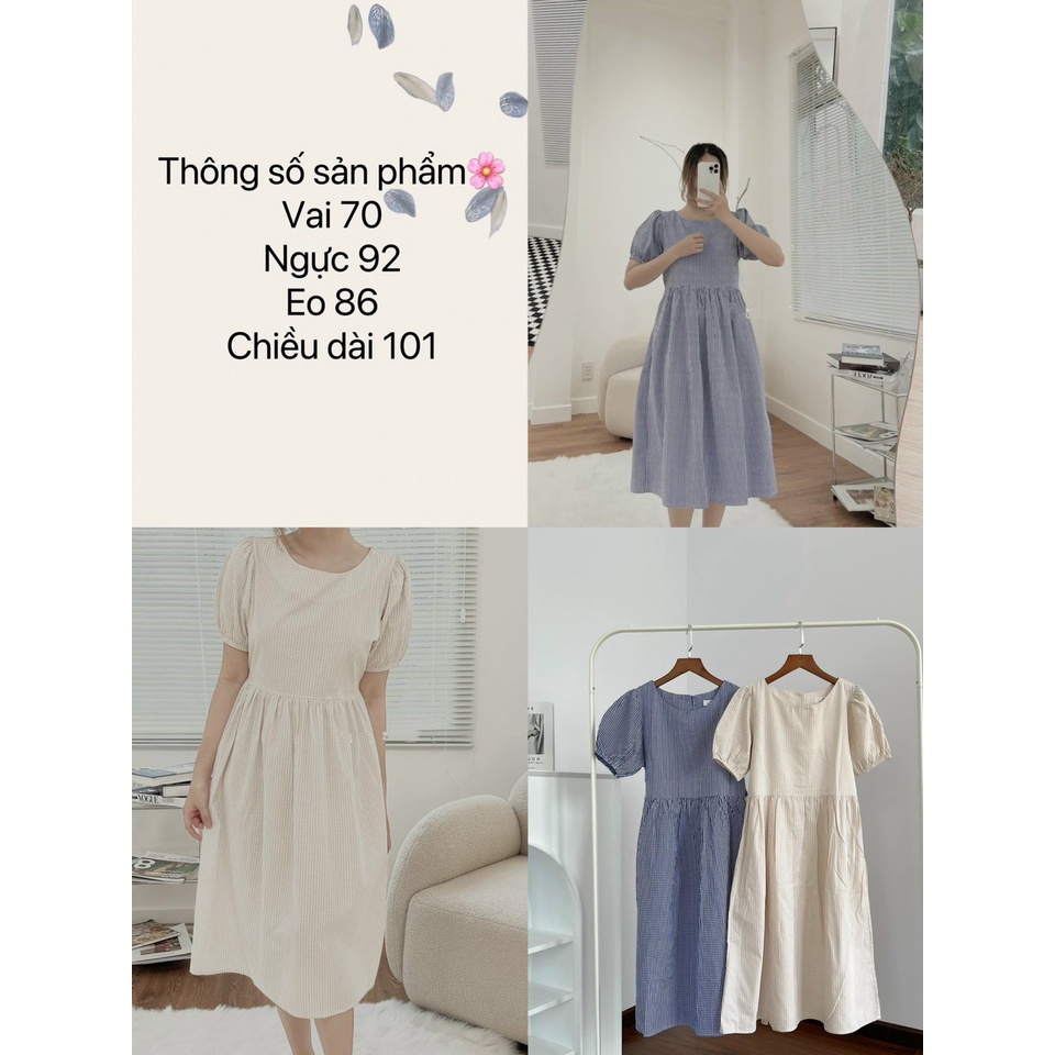 Đầm babydoll caro thiết kế tay bồng nhẹ form dài tone màu Basic