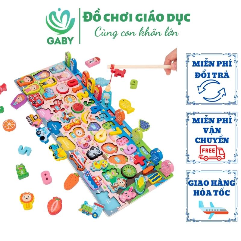 Bảng chữ cái, con số bằng gỗ 5in1 GABY bộ 5 hàng câu cá, chữ số, trái cây, động vật, phương tiện giao thông, gia đình