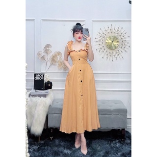 Đầm lụa trơn tay cánh tiên có nút