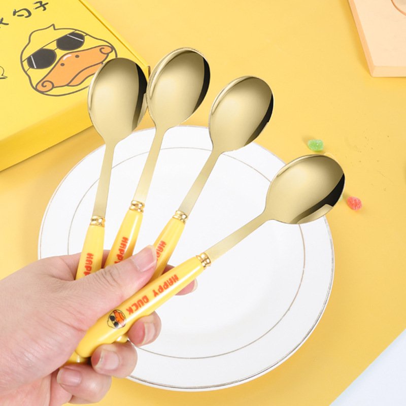 Bộ 6 thìa inox mạ vàng Vịt vàng Duck cán dài muỗng ăn ngộ nghĩnh full hộp