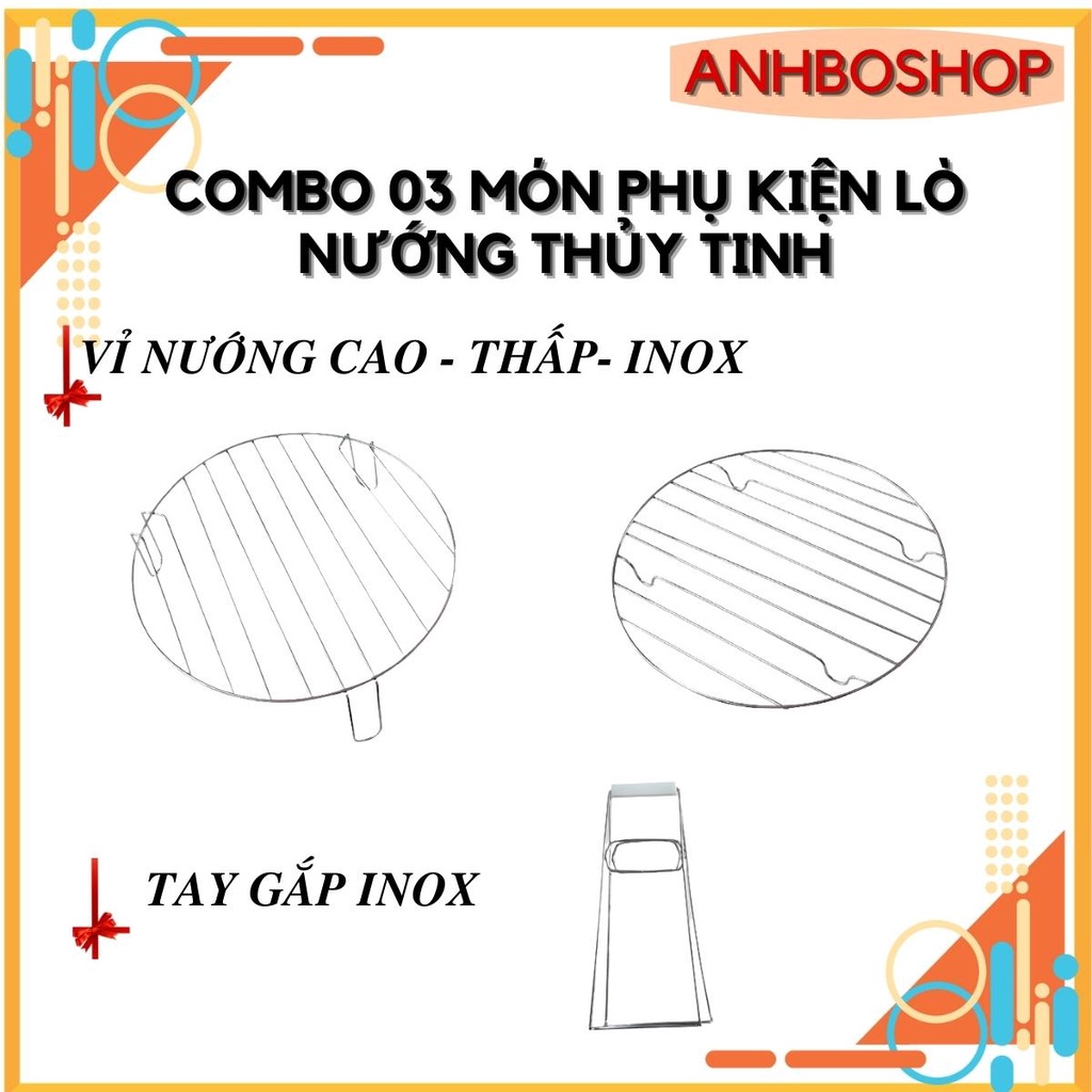 COMBO 05 phụ kiện lò nướng thủy tinh (vành inox 5 lít+ tay gắp inox+ khay nướng+ vỉ nướng thấp inox+ vỉ nướng cao inox)