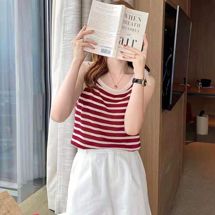 SUXI Áo Tank Top Dệt Kim Dáng Rộng Sát Nách Kẻ Sọc Đính Nơ Thời Trang Mùa Hè Cho Nữ