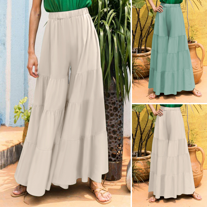 PRETTY Women Elastic Waist Solid Color Loose Pleated Casual Cotton Long Pant