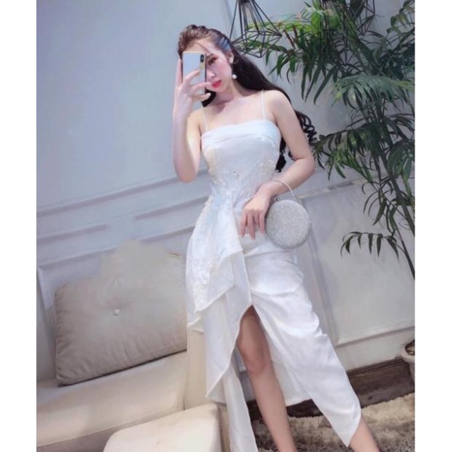 Đầm body dự tiệc 2 dây nhún bèo eo kết hoa nổi sang trọng - size M/L ( có ảnh/video thật) MS67Y
