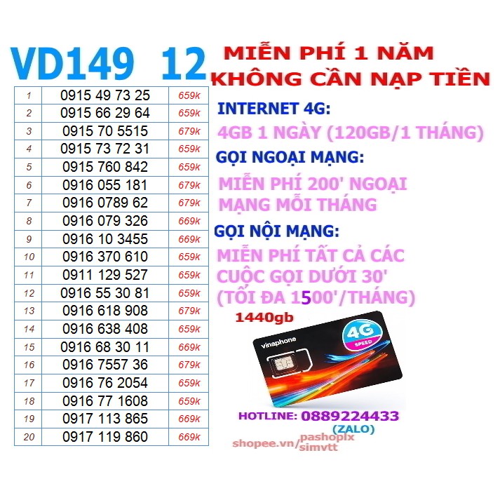 Sim VD149 4gb 1 ngày 12 tháng không cần nạp khách chọn số đẹp 2.