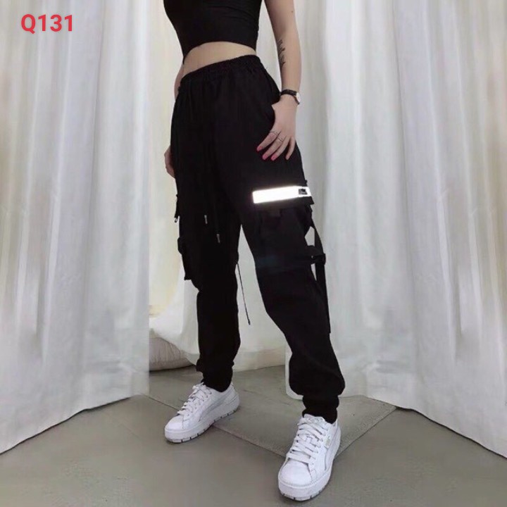 Quần Jogger Kaki Nam Nữ Dáng Thể Thao nhiều Túi Hộp Có Phản Quang màu đen