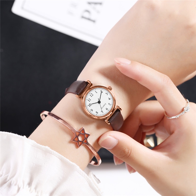 Popkozzi Đồng Hồ Dây Da Mặt Tròn Thiết Kế Tối Giản Thời Trang Cho Nữ