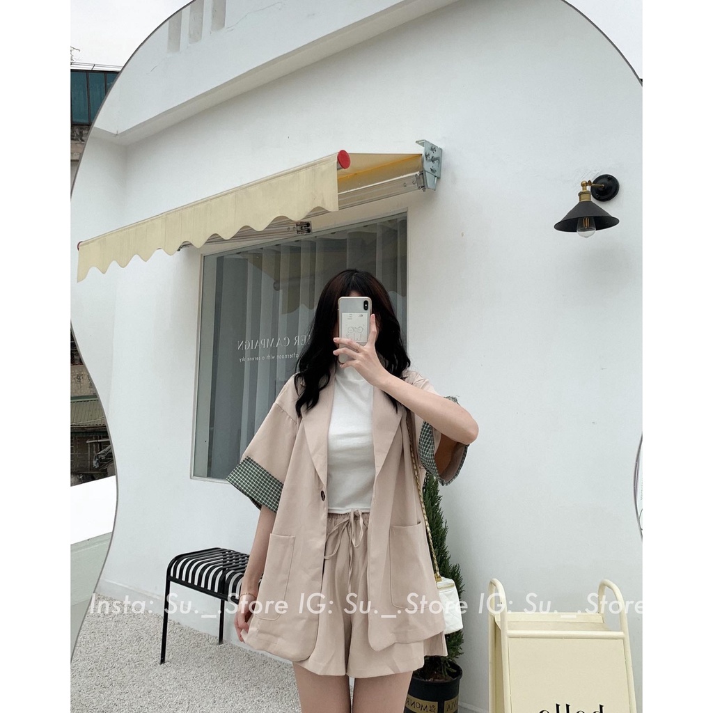 Set áo blazer tay pha kẻ kèm quần S323 SUSTORE