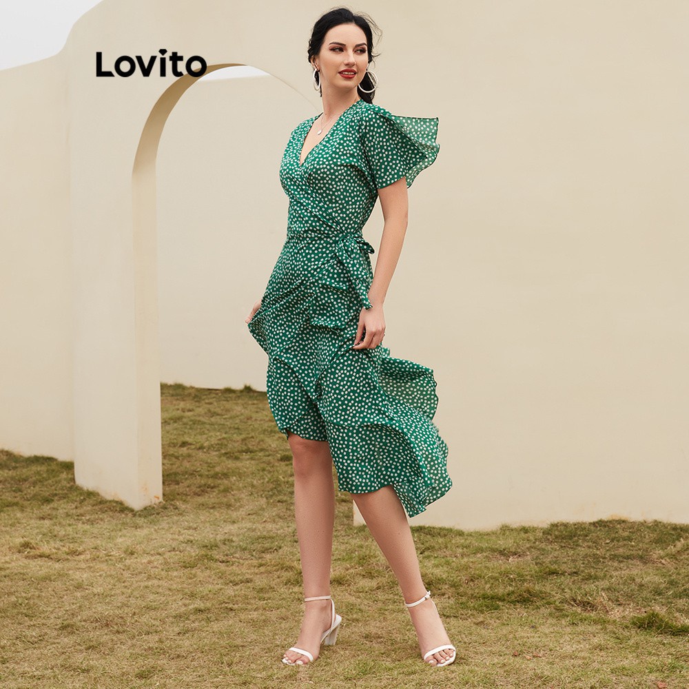 Lovito Đầm cổ chữ V xẻ sâu họa tiết chấm bi phong cách Boho màu xanh lá L12014 | BigBuy360 - bigbuy360.vn