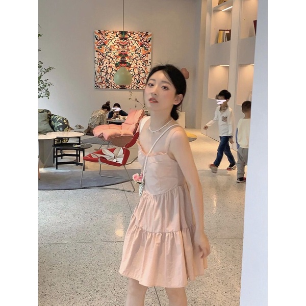 Váy 2 dây dành cho nữ điệu đà.Đầm 2 dây dáng xoè siêu xinh màu hồng nhẹ nhàng dịu dàng cho nữ 2022