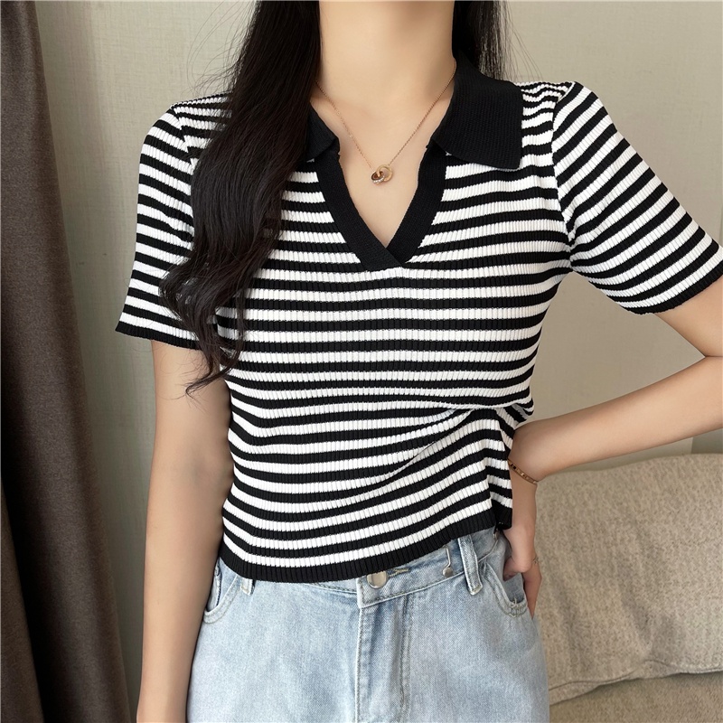 Áo thun SUXI polo dệt kim tay ngắn họa tiết kẻ sọc thời trang Hàn Quốc dễ phối đồ cho nữ