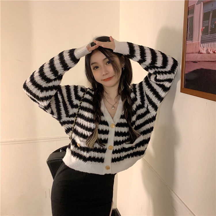 Áo khoác cardigan BH dệt kim tay dài kẻ sọc kiểu vintage Hàn Quốc thời trang 2022 cho nữ
