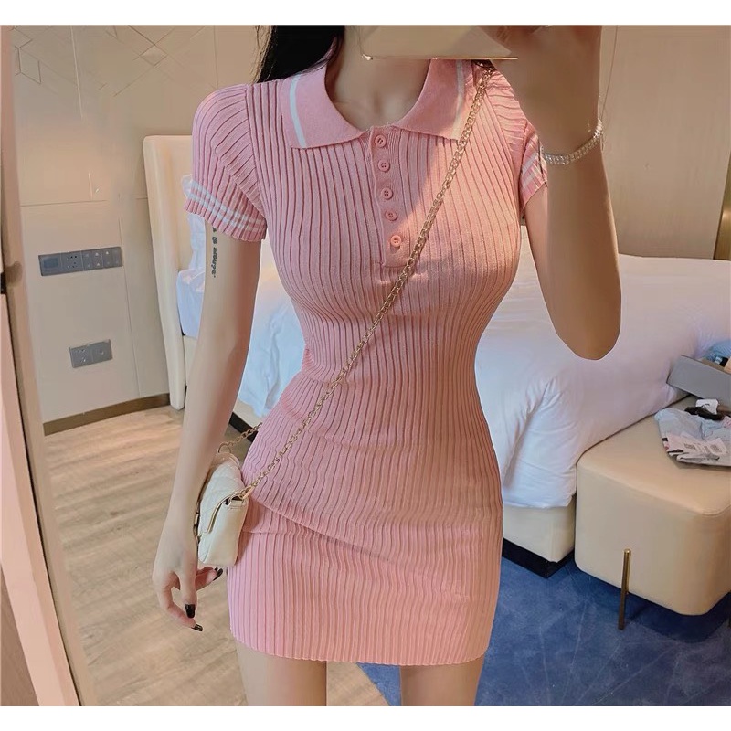 Váy body đầm dáng ôm dài sexy cổ đức trơn polo cổ v ulzzang Hàn quốc T2B5 | BigBuy360 - bigbuy360.vn