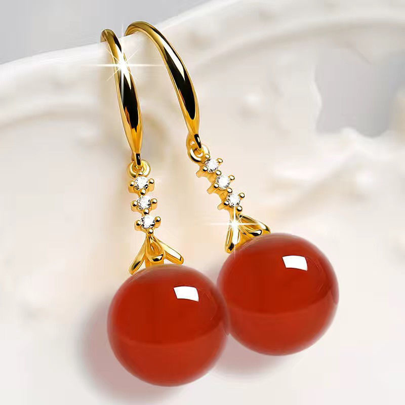 Khuyên tai dáng dài mặt bạc đính hạt ngọc chalcedony nhiều màu sắc
