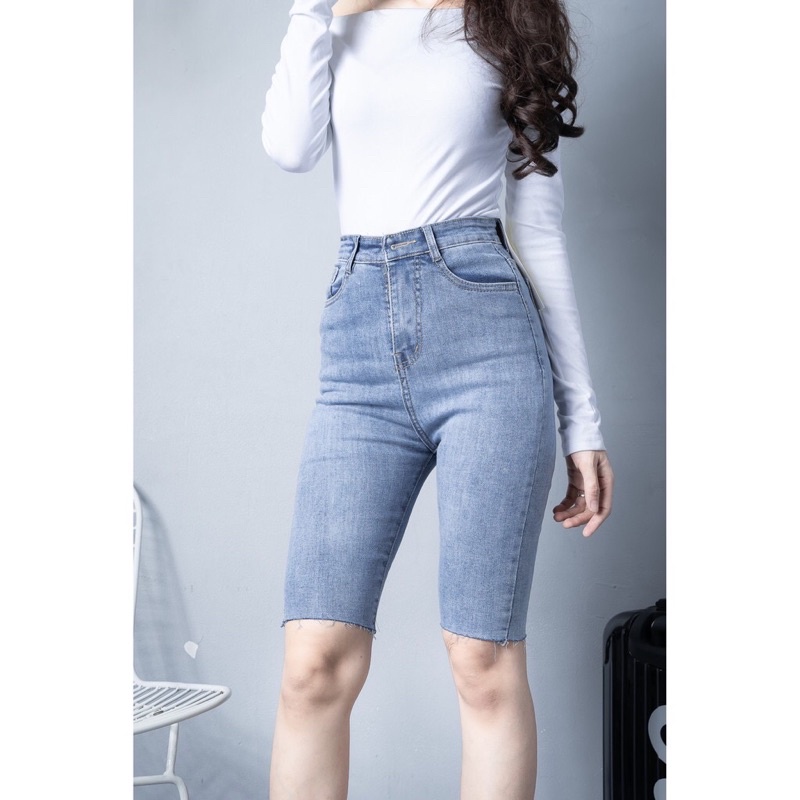 Quần Jean Ngố Trơn Co Giản Lưng Siêu Cao