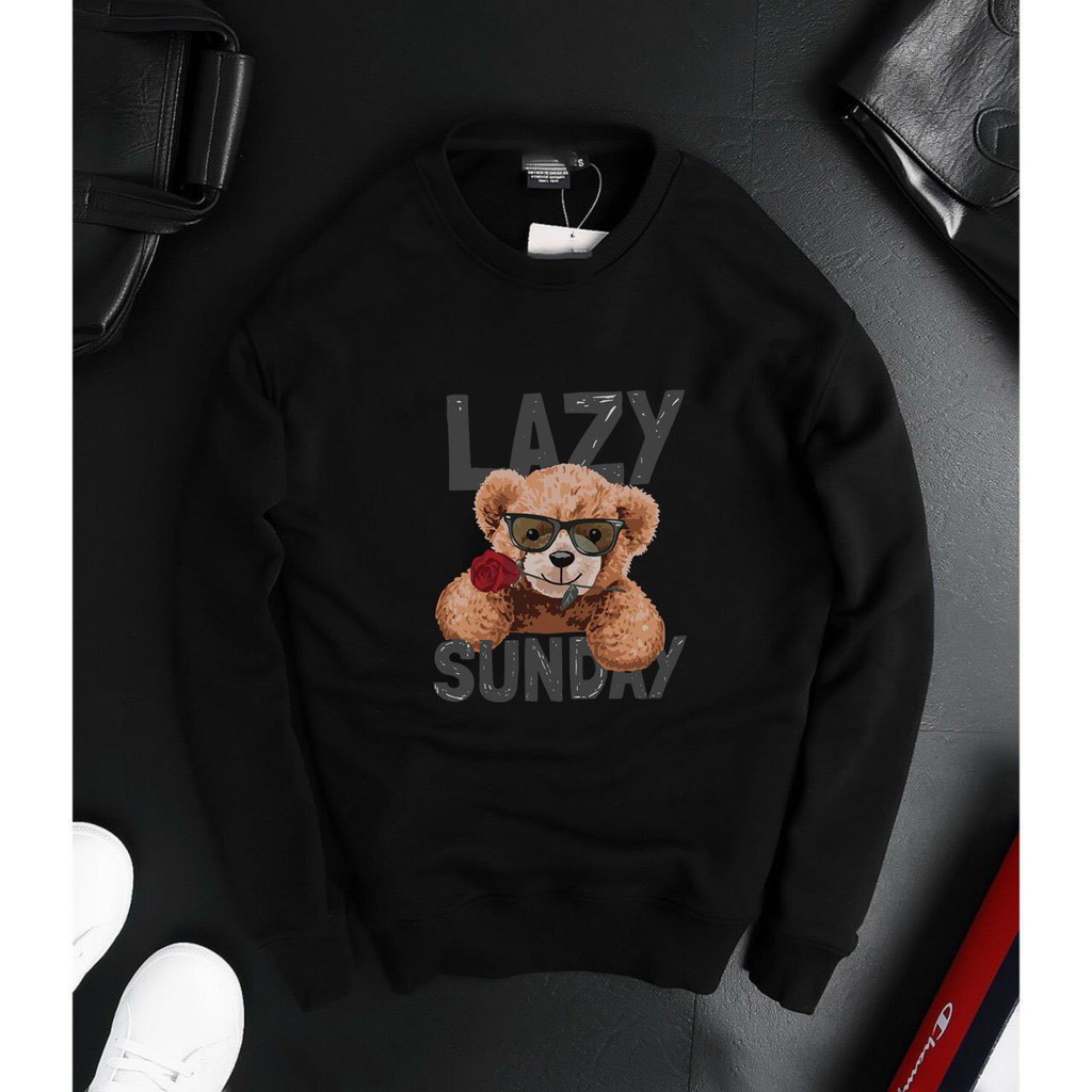Áo sweater dài tay cổ tròn in gấu lazy sunday màu đen trắng siêu xinh hình siêu nét shophienmai